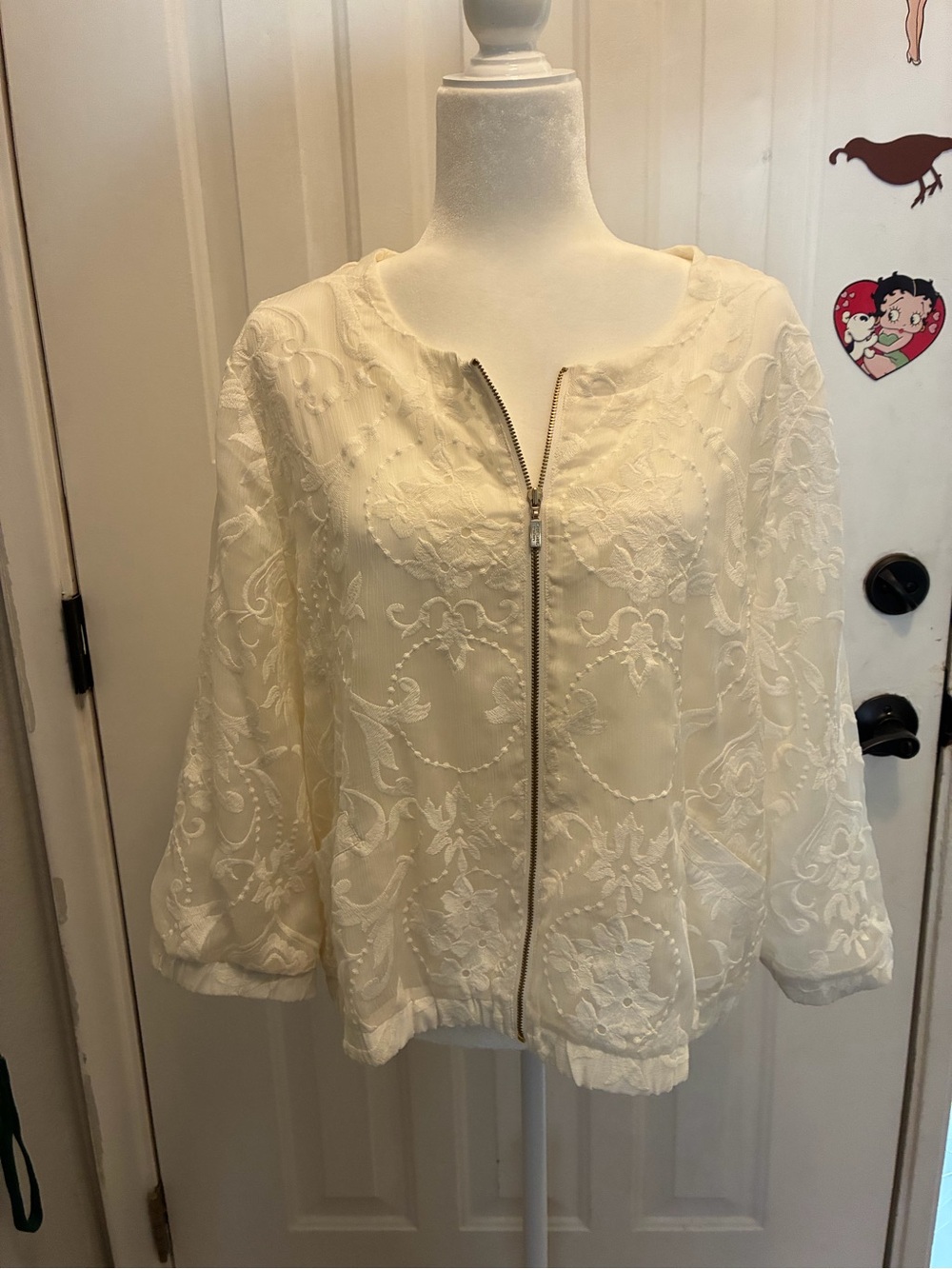 Chico's White Sheer Embroidered Lightweight Zip Front Jackets